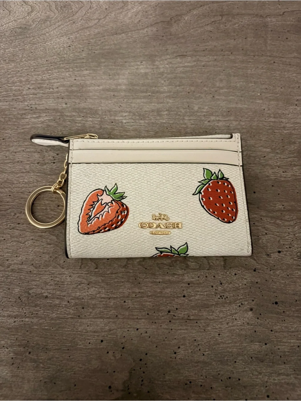 Coach White Strawberry Print Card Case Keyring
